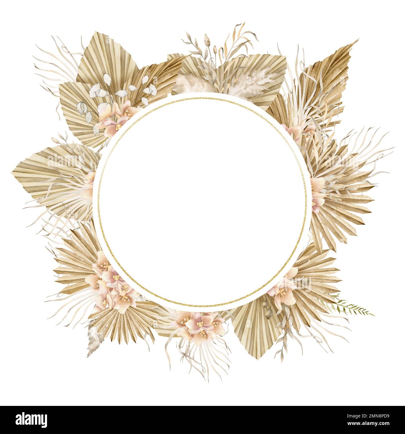 Round Wreath in Boho style. Hand drawn bohemian floral Circle Frame with Palm leaves and orchids on isolated background. Dried tropical plants with golden texture for wedding invitations or cards. Stock Photo