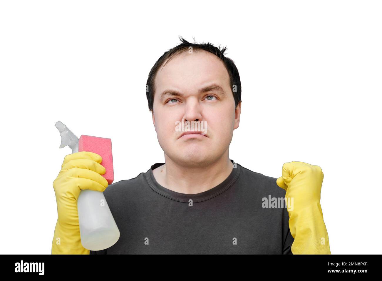 Angry male cleaner in yellow gloves, studio isolated on a white background Stock Photo