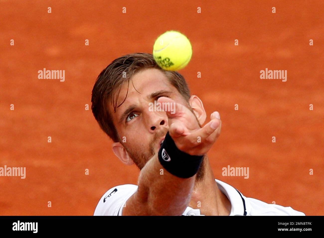 Slovakia's Martin Klizan serves against France's Gael Monfils during their  second round match of the French Open tennis tournament at the Roland  Garros stadium in Paris, France, Wednesday, May 30, 2018. (AP