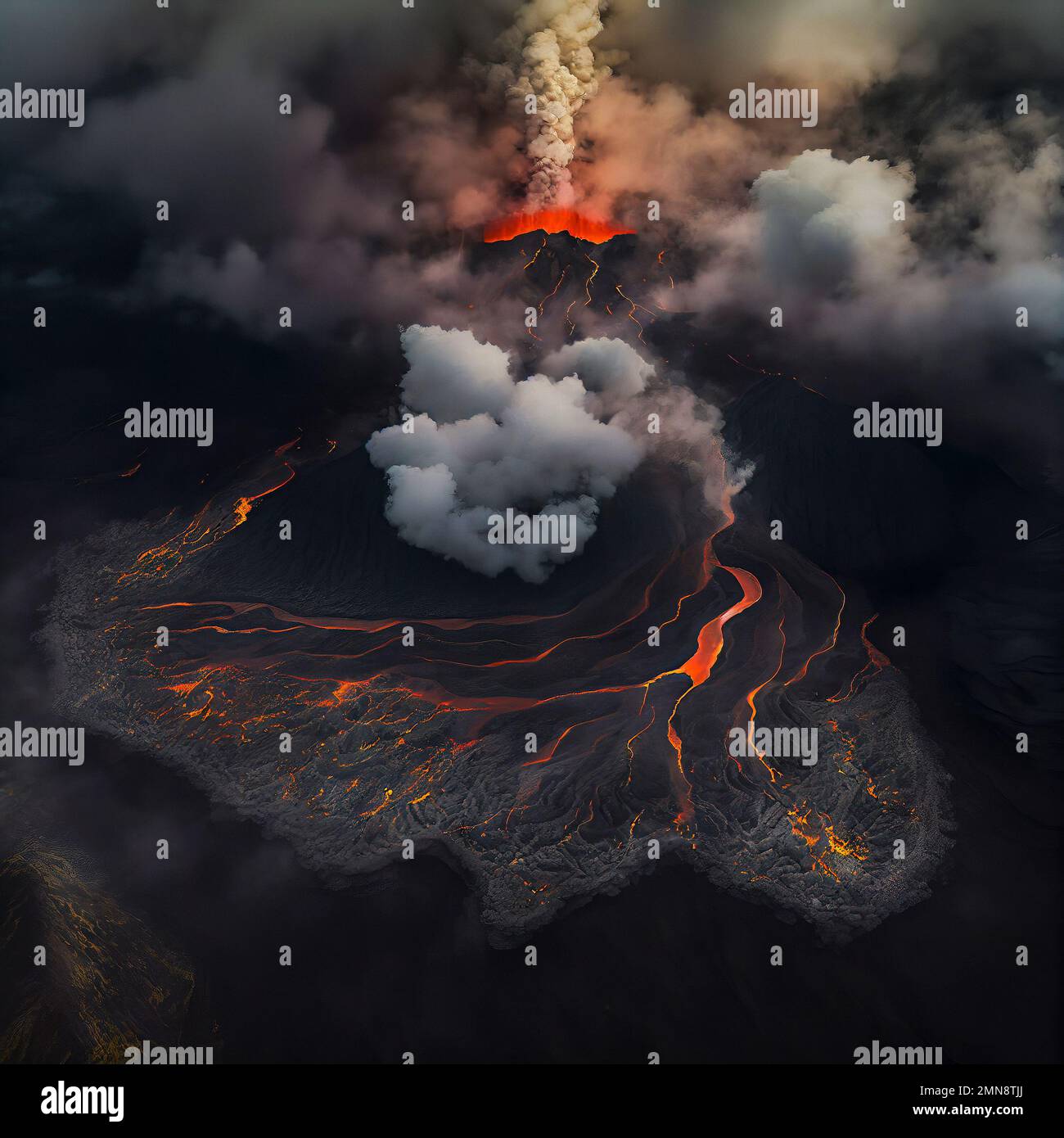 A Volcano Erupting with Plumes of Smoke and Ash Visible from an Aerial
