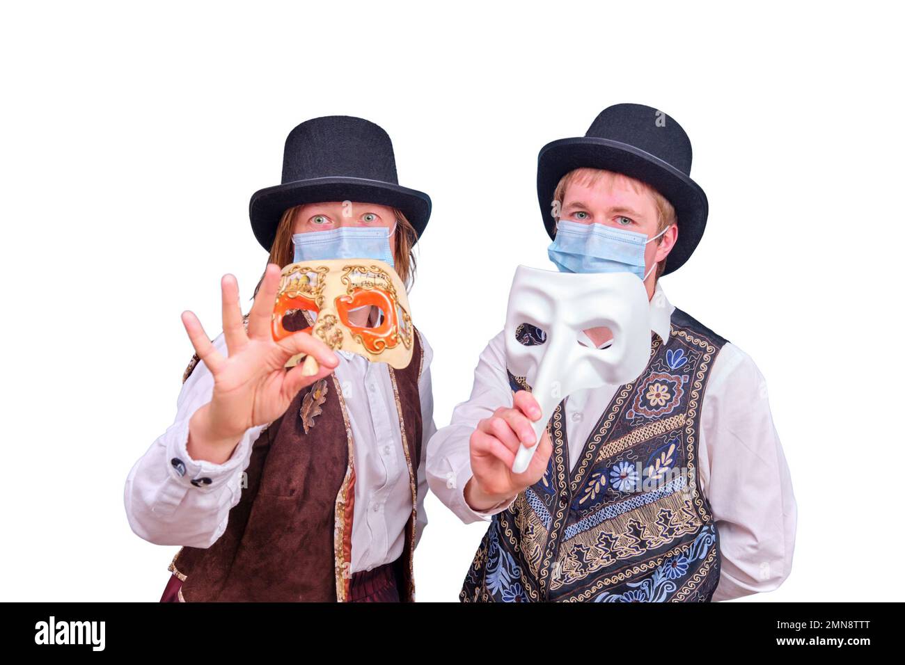 Actors wearing plague doctor masks on their faces, isolated on a white