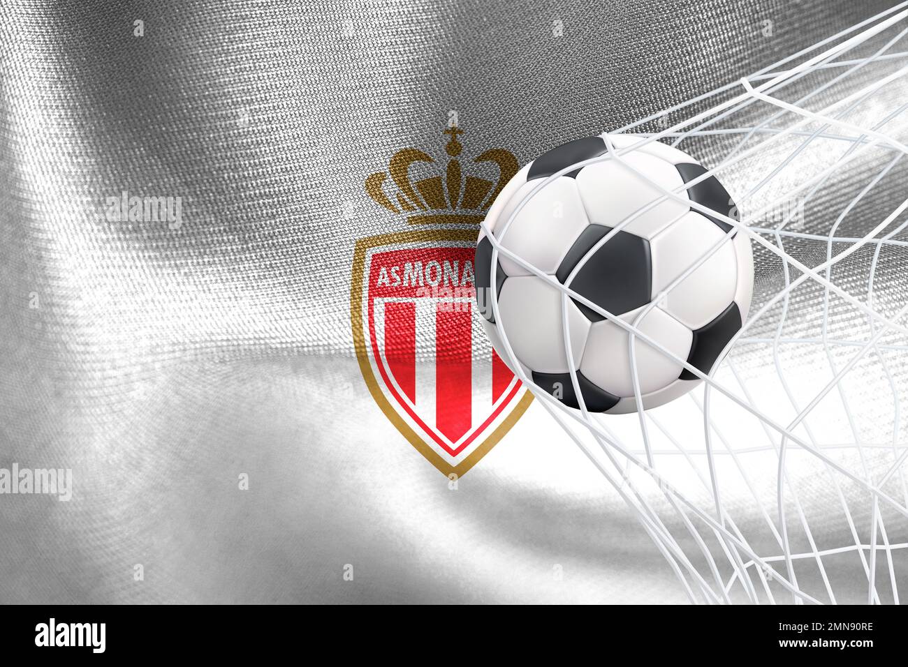 UEFA Champions League 2023, AS Monaco flag with a soccer ball in net, UEFA Wallpaper, 3D work and 3D image. Yerevan, Armenia - 2023 January 27 Stock Photo