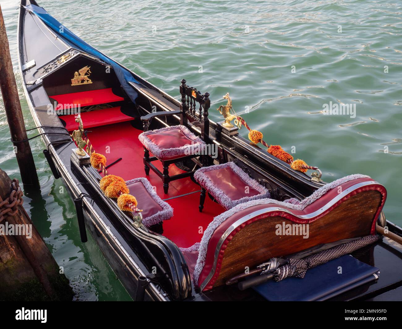 View of the interior of a typical Venetian gondola in Venice. Tourism concept. Stock Photo