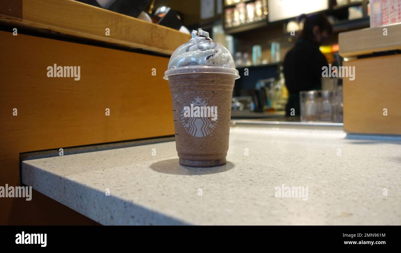 Starbucks Mocha Cookie Crumble Frappuccino in Surrey, BC Canada Stock Photo