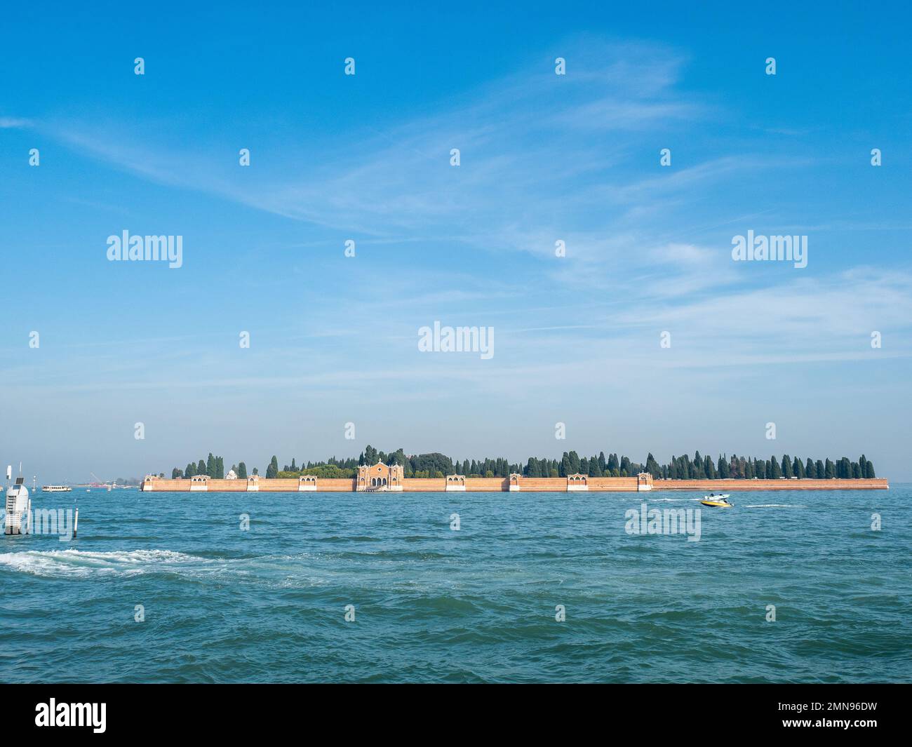 View of a cemetery on an island in the water in Venice, Italy. Religion and tourism concept. Stock Photo