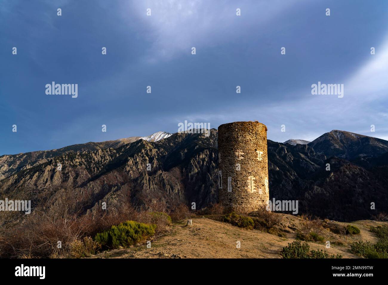 Tour de Goa, signal tower in the Pyrenees, near the Canigou mountain. Pyrenees Orientales, France Stock Photo