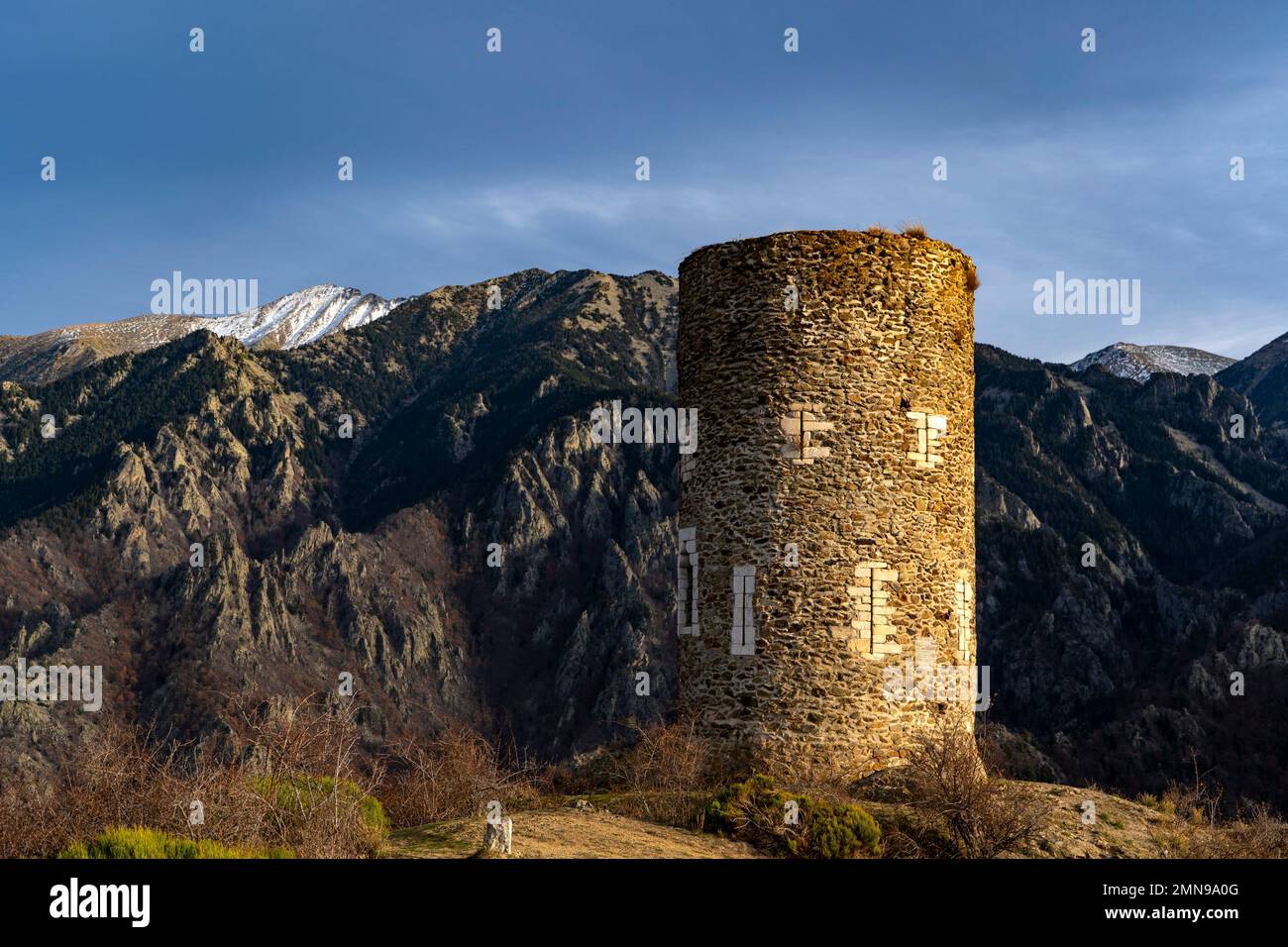 Tour de Goa, signal tower in the Pyrenees, near the Canigou mountain. Pyrenees Orientales, France Stock Photo