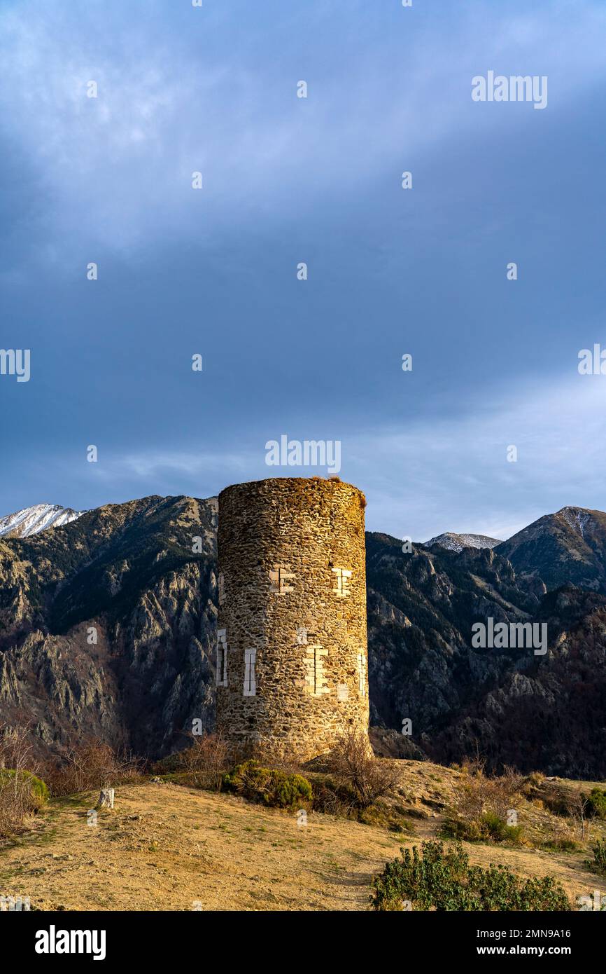 Tour de Goa, signal tower in the Pyrenees, near the Canigou mountain. Pyrenees Orientales, France Stock Photo