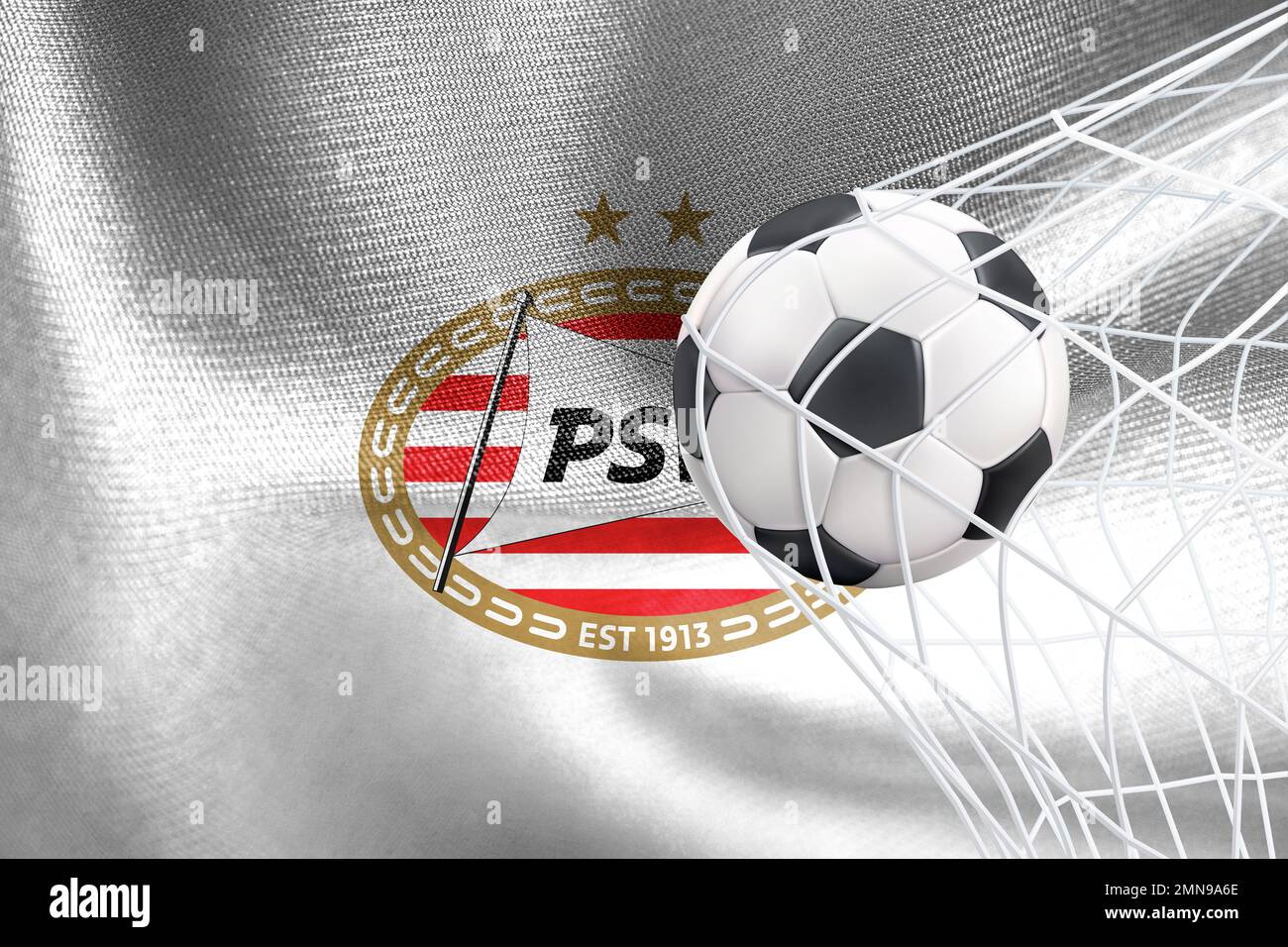 UEFA Champions League 2023, PSV flag with a soccer ball in net, UEFA Wallpaper, 3D work and 3D image. Yerevan, Armenia - 2023 January 27 Stock Photo
