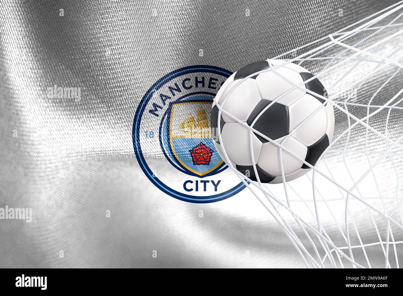 UEFA Champions League 2023, Manchester City F.C. flag with a soccer ball in net, UEFA Wallpaper, 3D work and 3D image. Yerevan, Armenia - 2023 January Stock Photo