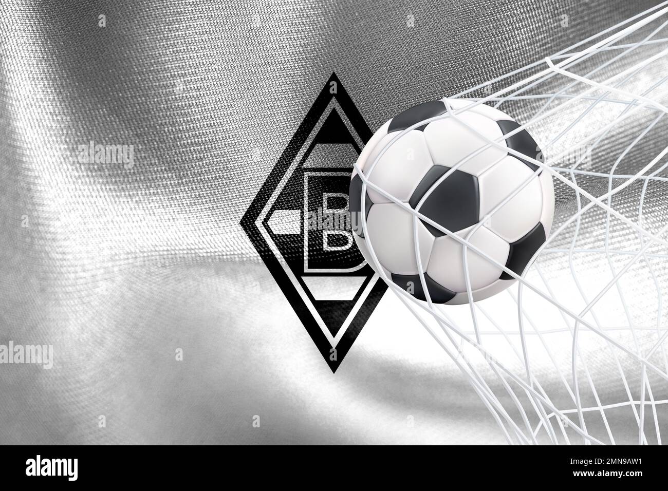 UEFA Champions League 2023, Borussia Mönchengladbach flag with a soccer ball in net, UEFA Wallpaper, 3D work and 3D image. Yerevan, Armenia - 2023 Jan Stock Photo