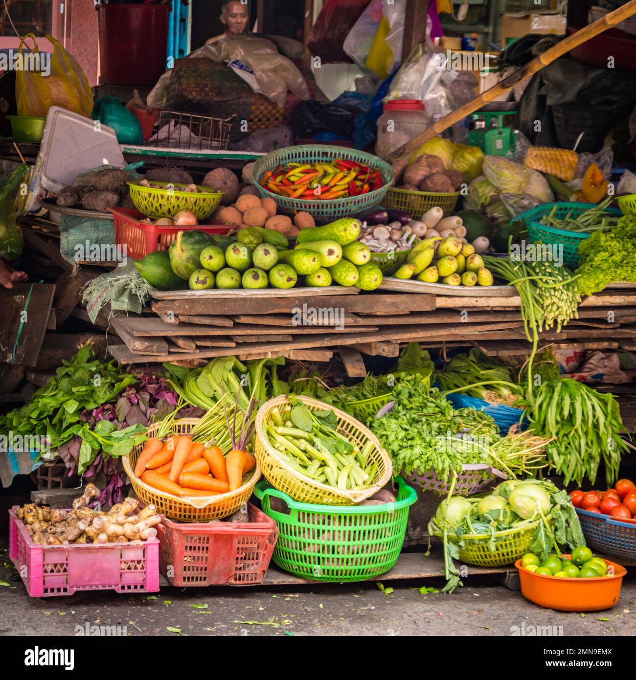 Fruit and Vegetables at market stand stall in Vietnam. Stock Photo