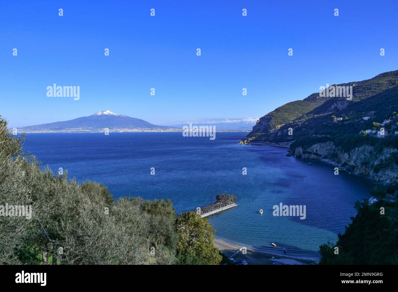 The Vesuvius volcano stands out over the gulf of Naples. Landscape from the town of Vico Equense