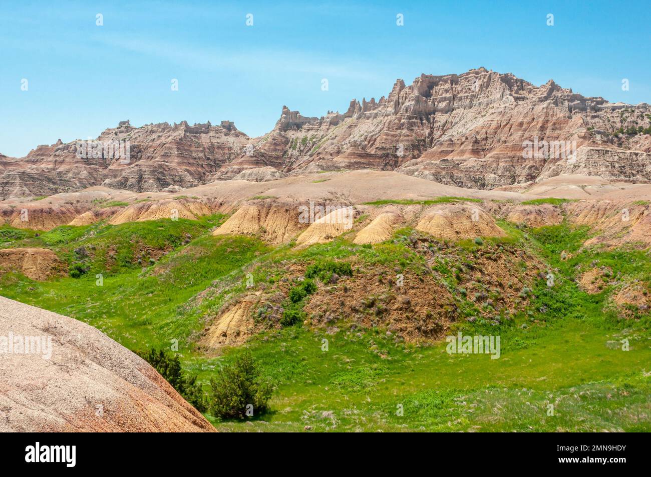beautiful view of the badlands of South Dakota after sufficient spring and summer rains. Stock Photo