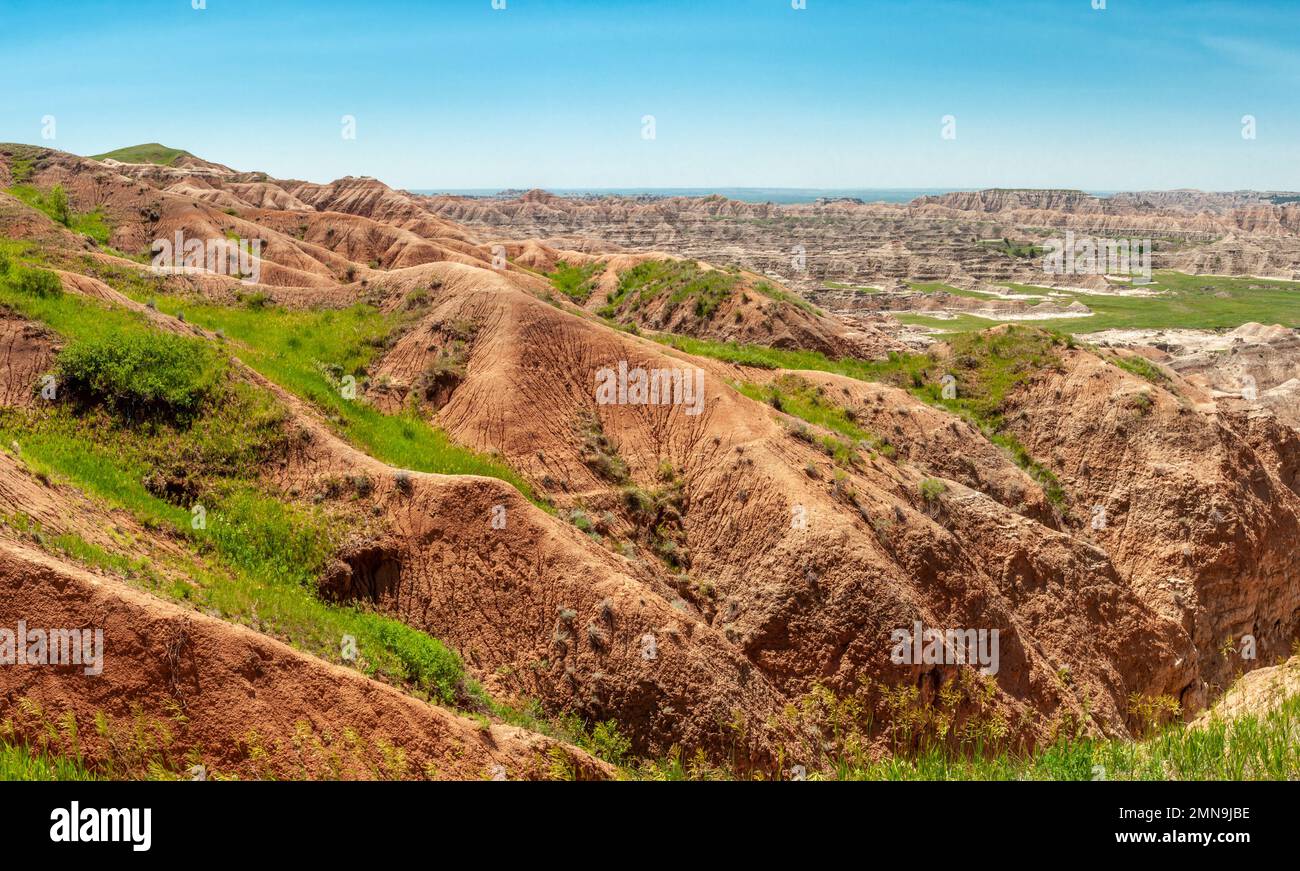 Beautiful view of the badlands of South Dakota after sufficient spring and summer rains. Stock Photo