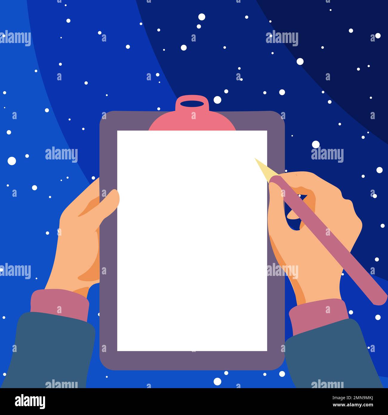 Illustration with hands holdings paper and pencil writing text. Brand ...