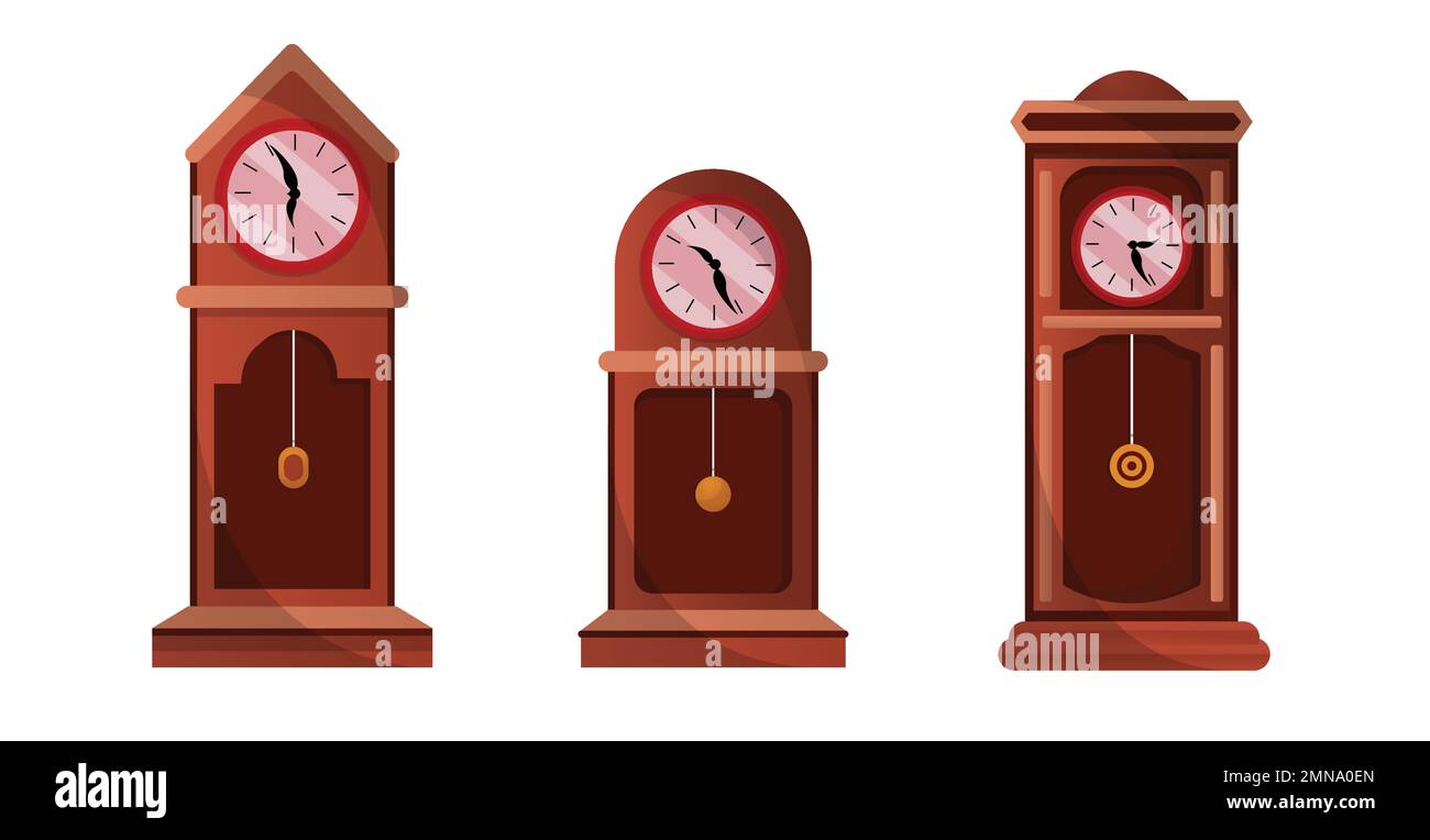 Antique old style cartoon pendulum clock cartoon set, vector clock cartoon set icon, antique clock. Stock Vector