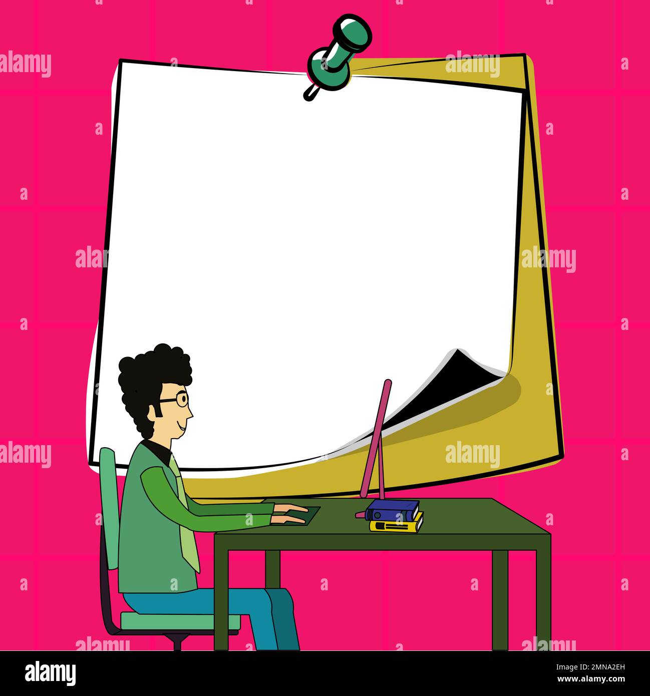 Man In Office Sitting at the table near computer. Big white sticker over his head contain bussines plan, agenda, current news. Bright colored Stock Vector