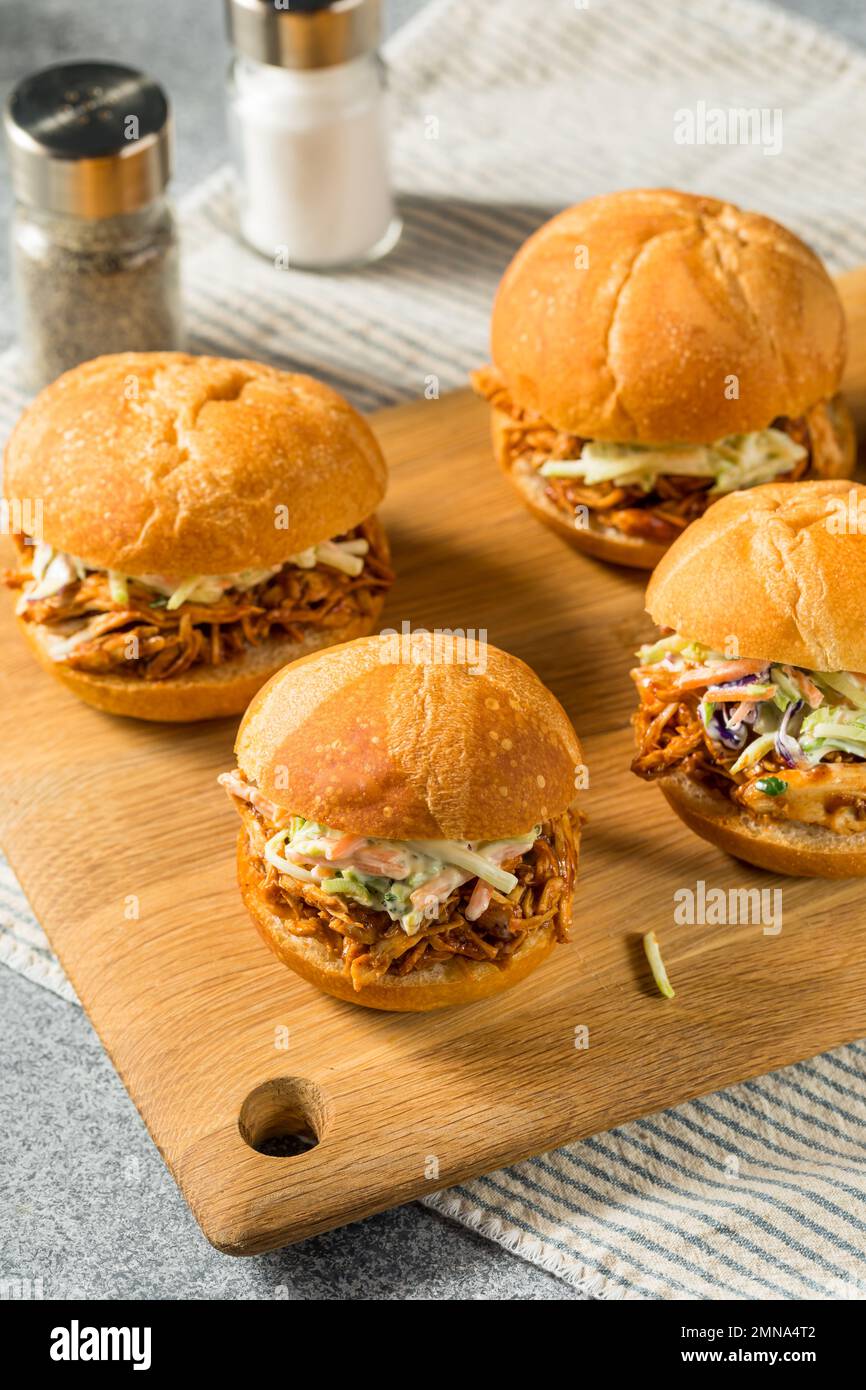 Homemade Barbecue Pulled Chicken Sliders with Coleslaw Stock Photo Alamy