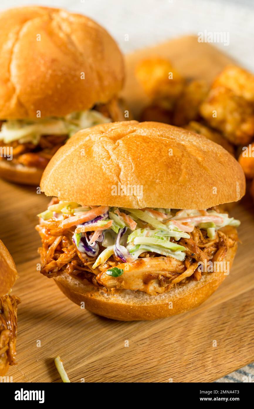 Homemade Barbecue Pulled Chicken Sliders with Coleslaw Stock Photo Alamy