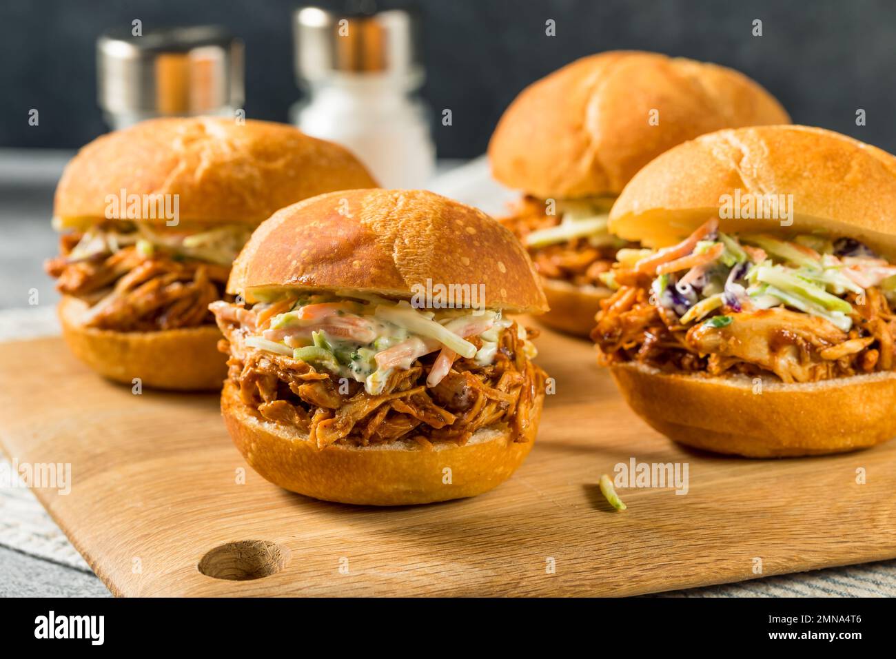 Homemade Barbecue Pulled Chicken Sliders with Coleslaw Stock Photo Alamy