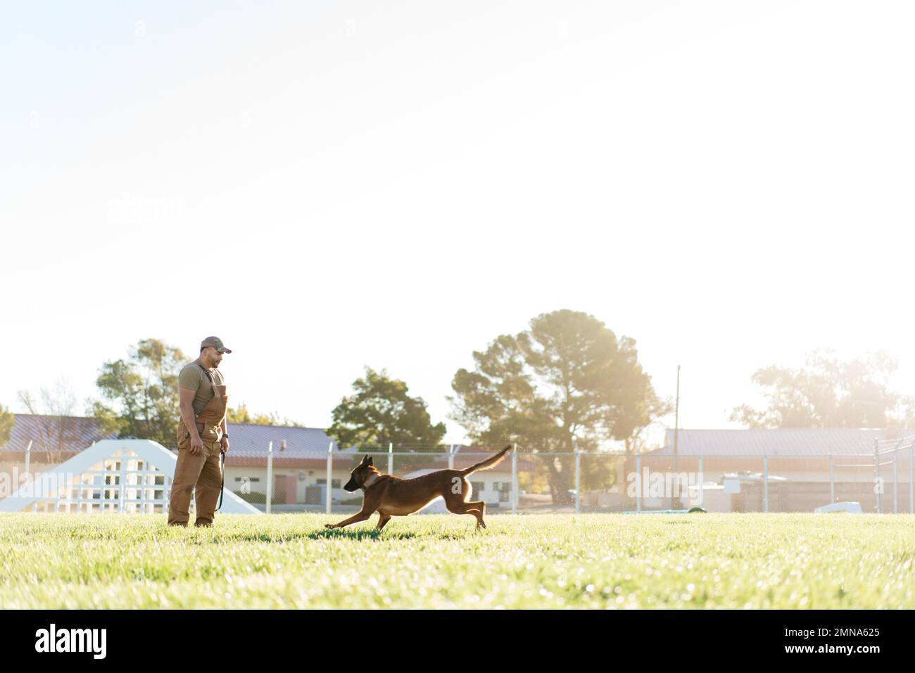 U.S. Air Force Senior Airman Andrew Melis, 60th Security Forces Squadron  military dog handler, poses for a photo with Aarapahoe, a military working  dog, at Travis Air Force Base, California, Sept. 30
