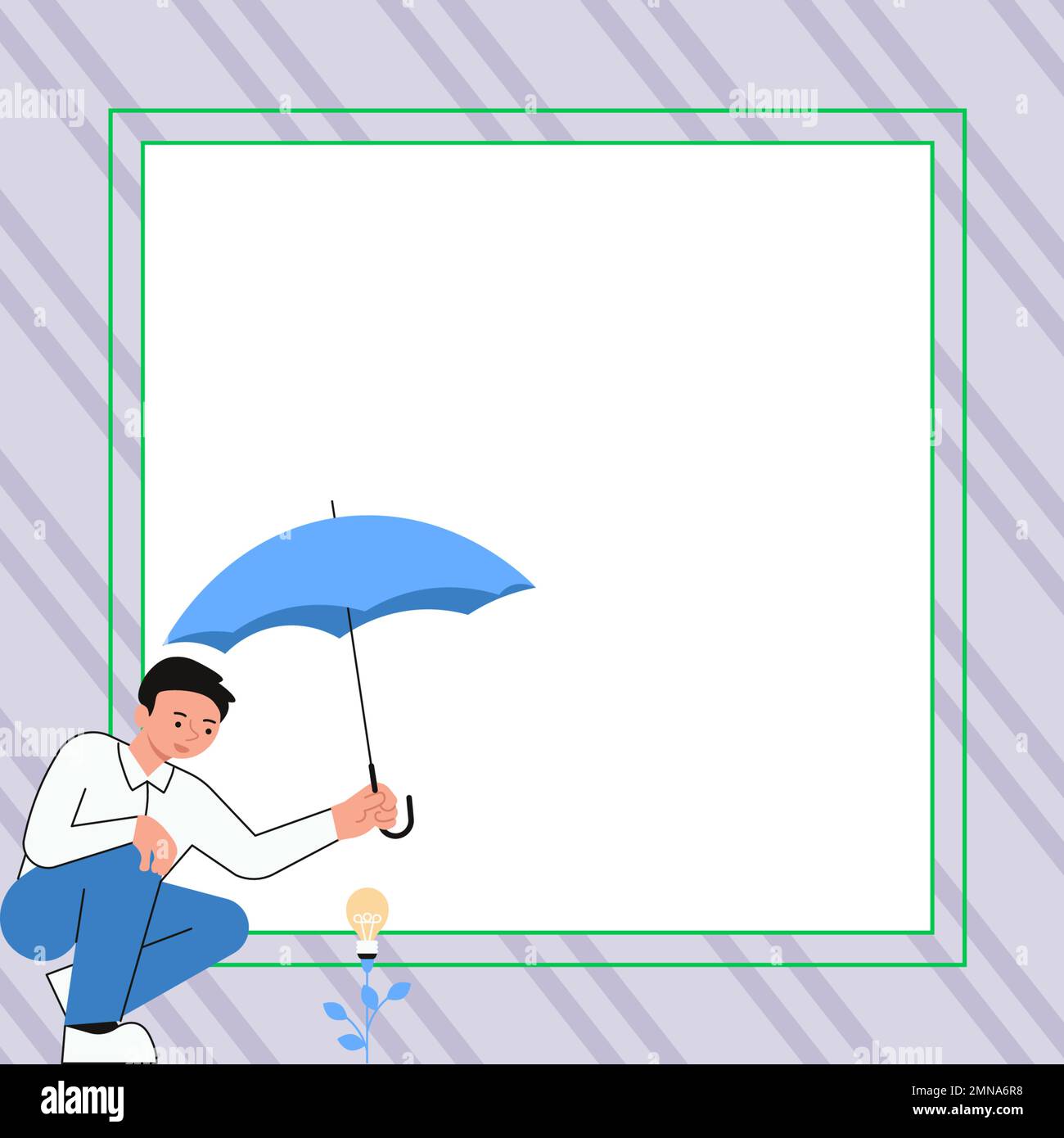 Yung man holding umbrella sitting and looking at rose. Save the flower from rain. Blank white space for text on colored background. Brand new Stock Vector