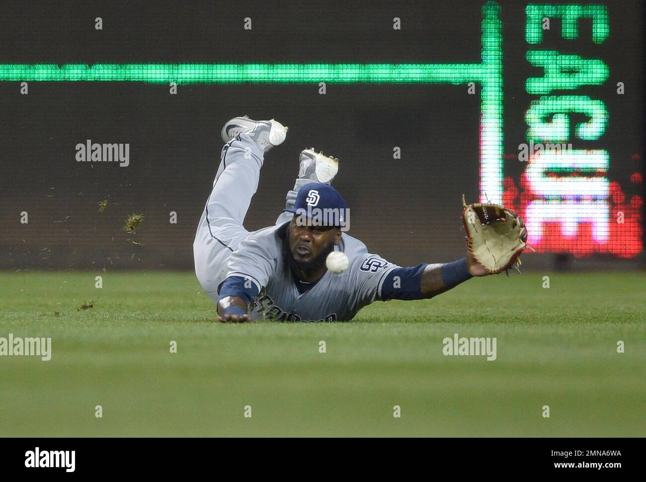 San Diego Padres right fielder Franmil Reyes (32) misses a ball