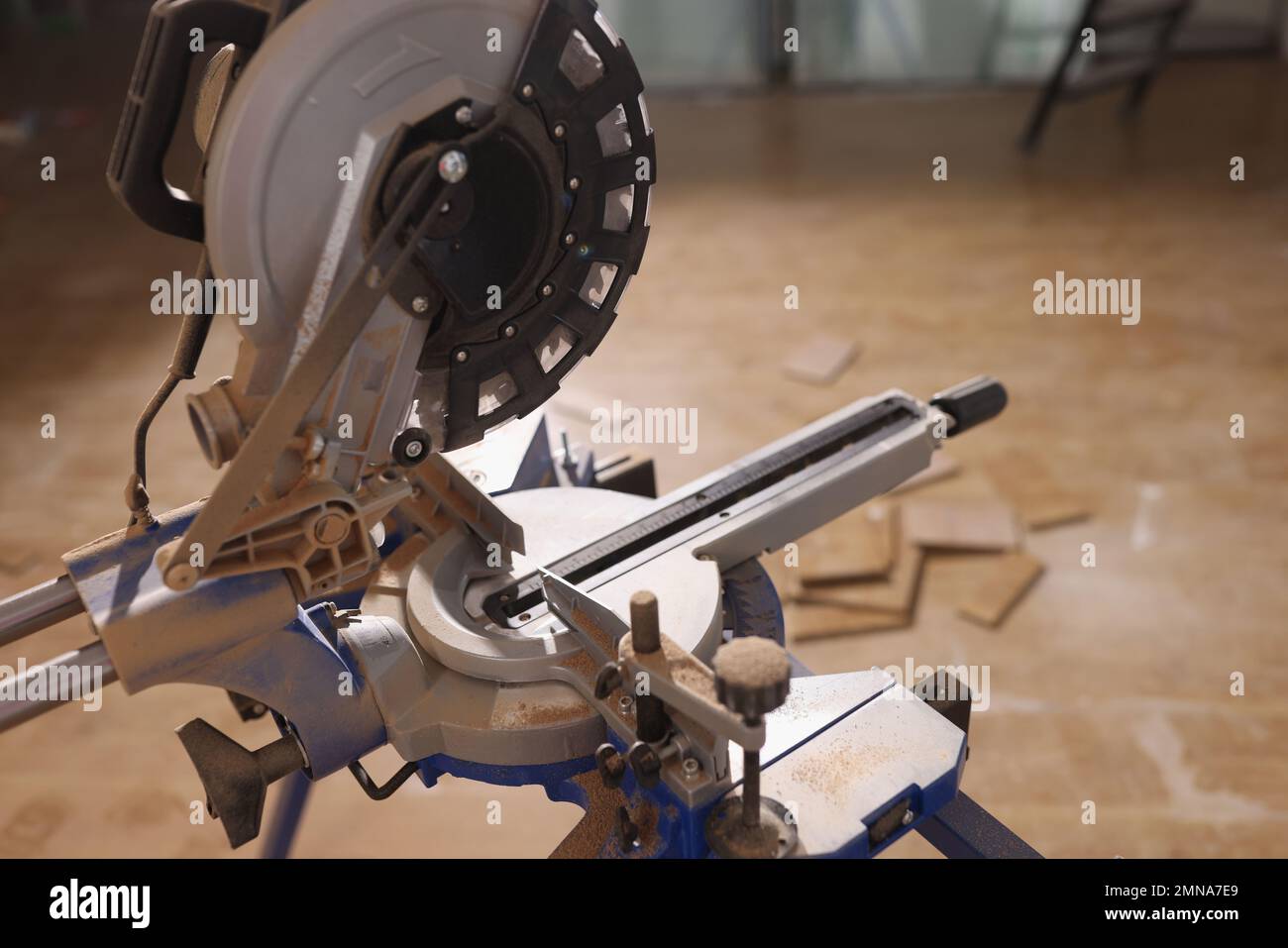 Electric circular saw on stand for cutting tiles close up Stock Photo