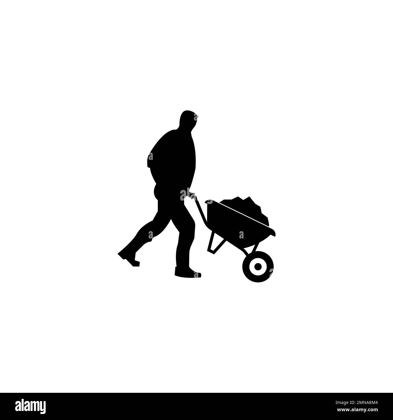 Construction worker walking with wheelbarrow vector silhouette illustration. Stock Photo