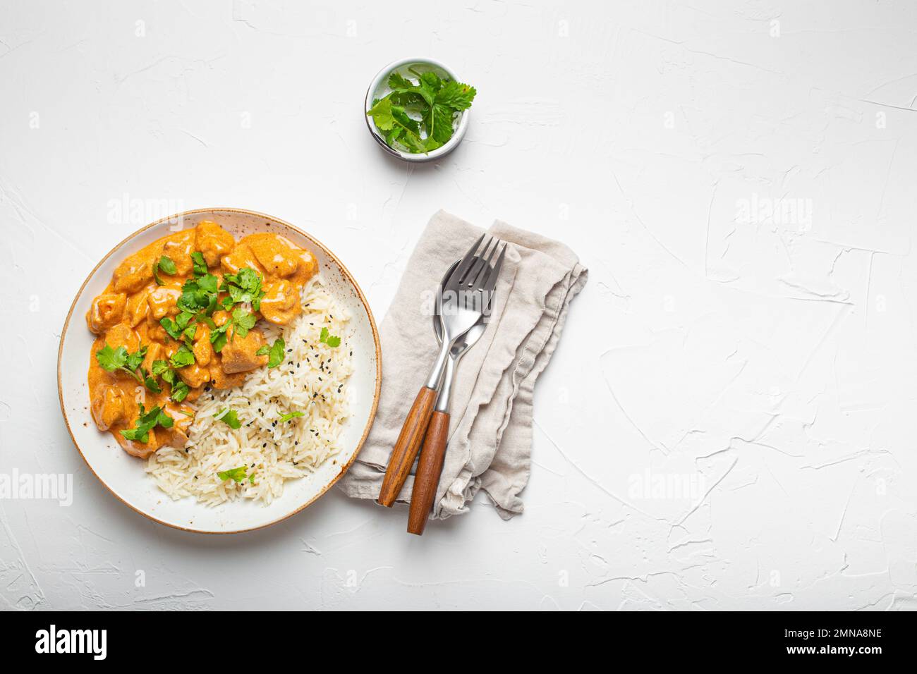Traditional Indian dish chicken curry with basmati rice and fresh cilantro on rustic white plate on white concrete table background from above. Indian Stock Photo