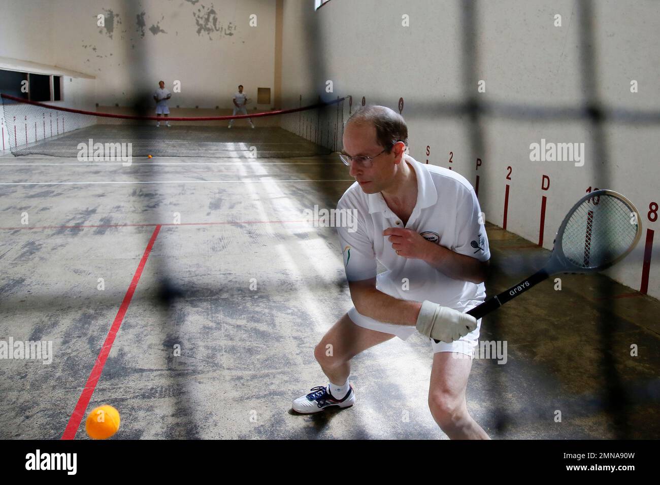 Britain's Prince Edward plays an exhibition match of real tennis in La  Bastide Clairence, southwestern France, Monday, May 21, 2018. Real tennis  is the original racquet sport from which the modern game