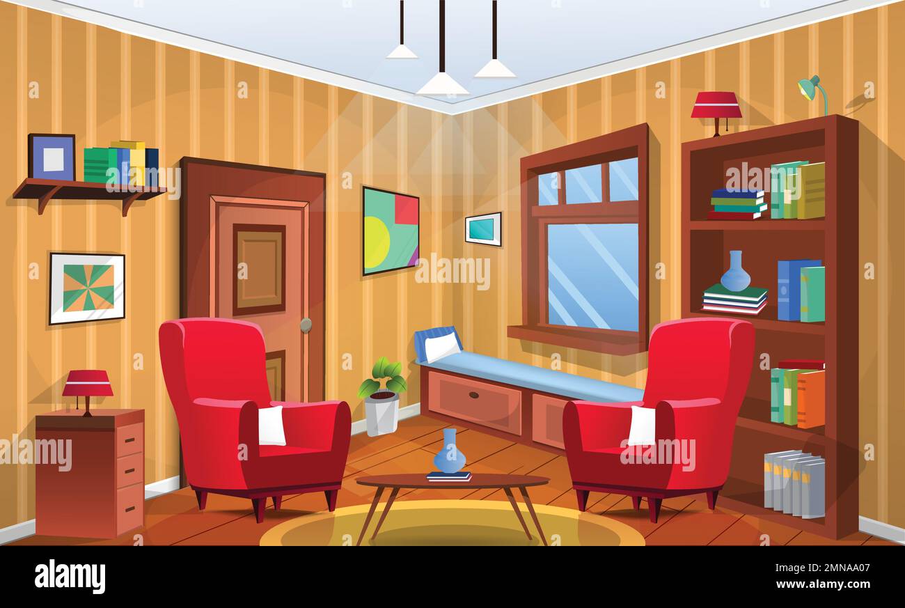 Vector kids study room interior with big windows, cupboard, sofa