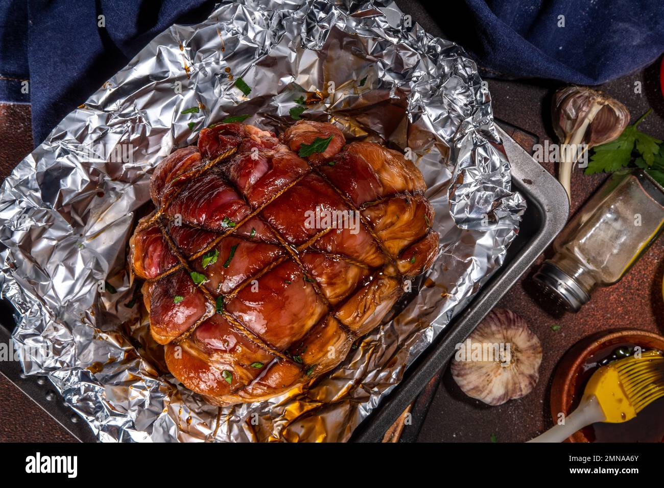 Cooking baking pork meat. Traditional recipe for glazed ham, with ...
