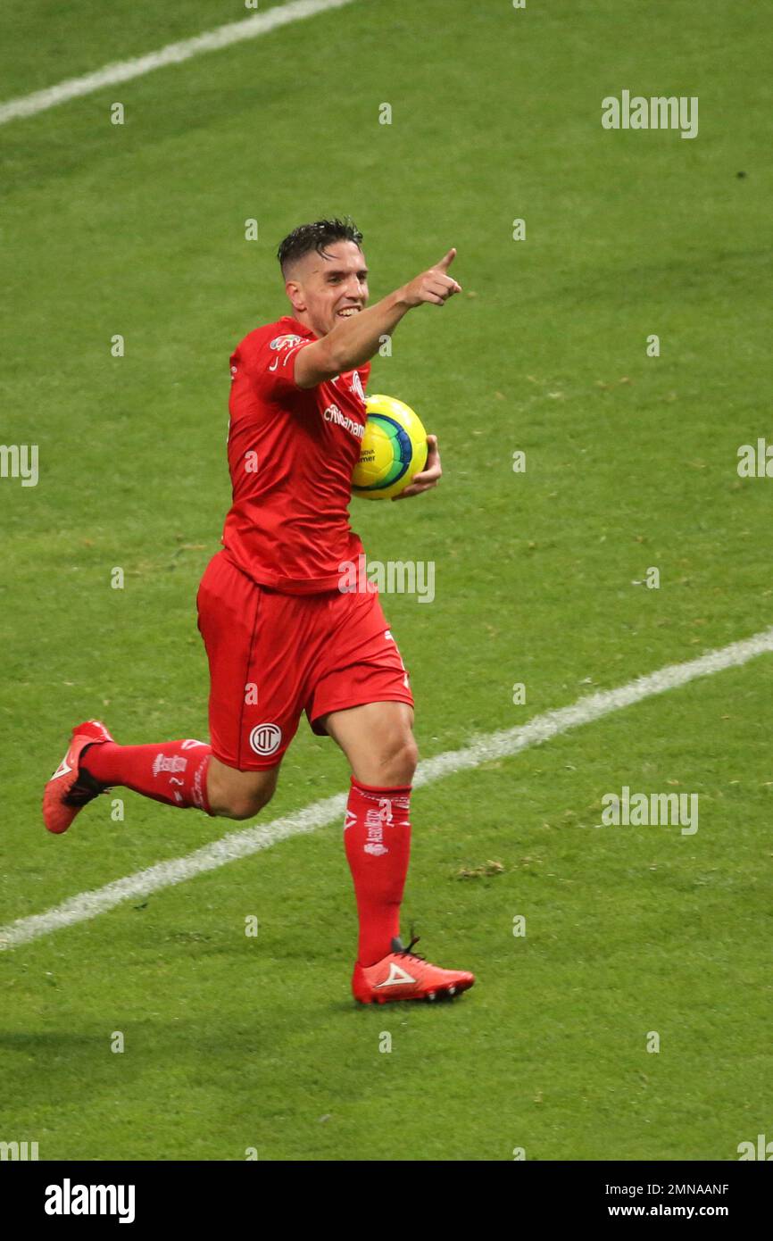 Toluca's Gabriel Hauche celebrates after scoring against Santos during their Mexican soccer league second-leg final match at Nemesio Diez stadium in Toluca, Mexico, Sunday, May 20, 2018. (AP Photo/Christian Palma) Stock Photo