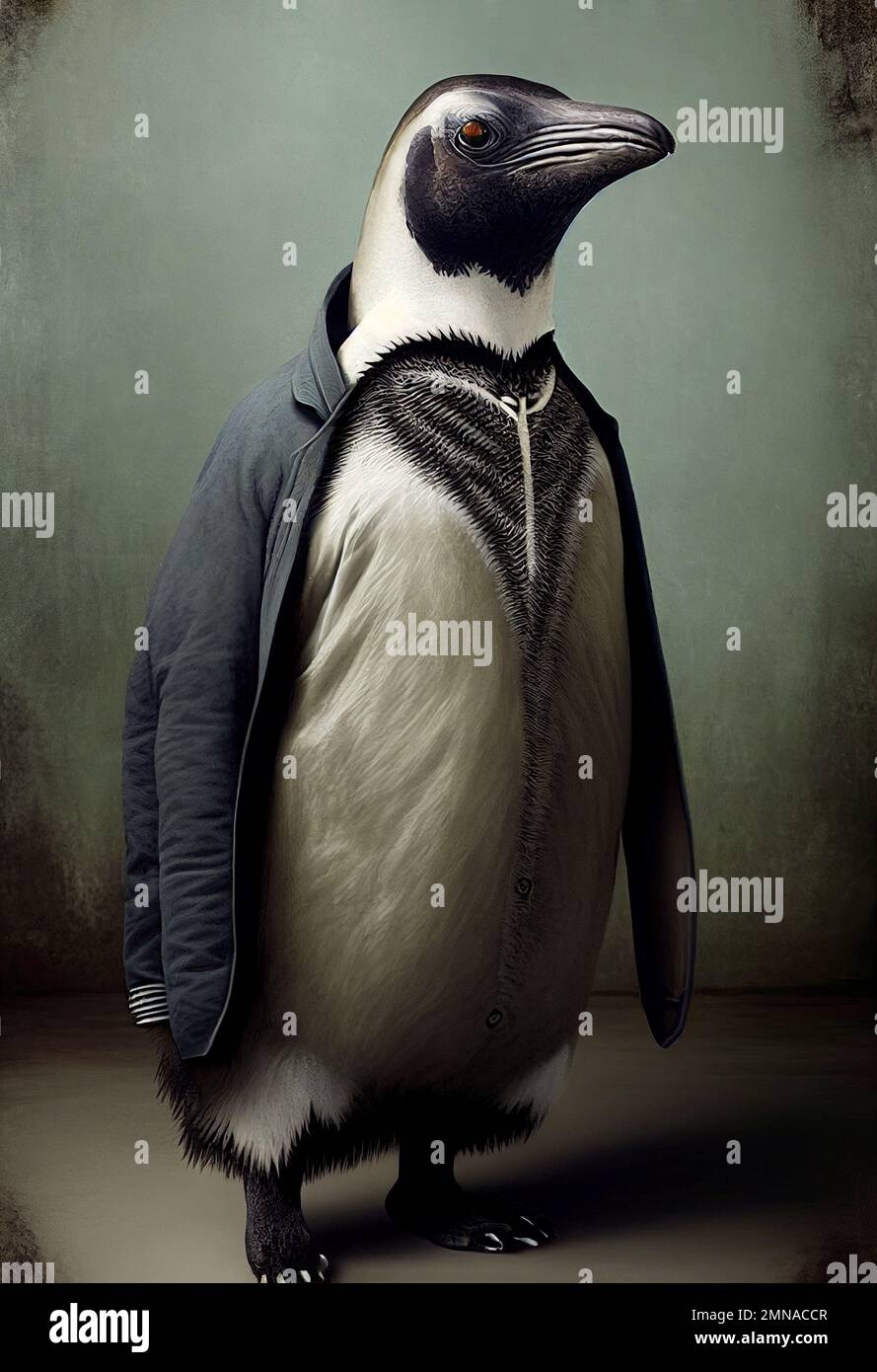 Penguin wearing clothes, surreal hybrid creature in studio setting, fanatsy animal, illustration Stock Photo