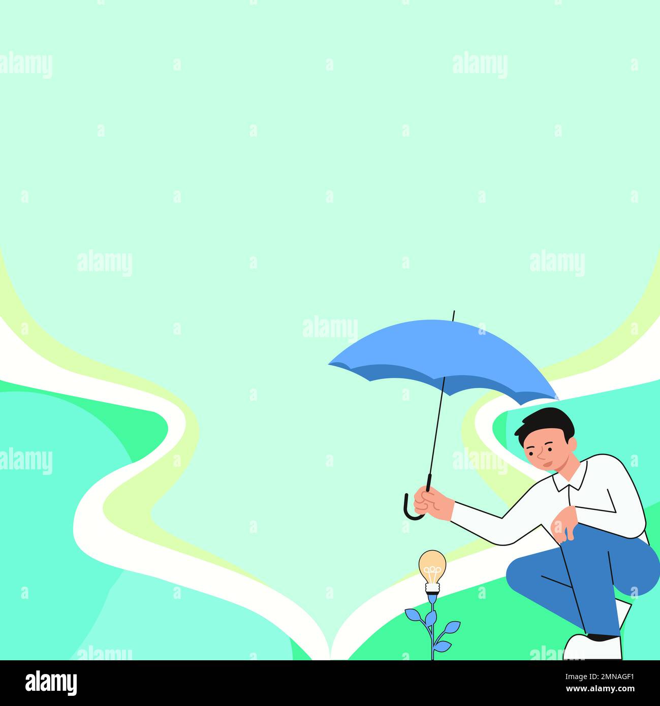 Yung man holding umbrella sitting and looking at rose. Save the flower from rain. Blank white space for text on colored background. Brand new Stock Vector