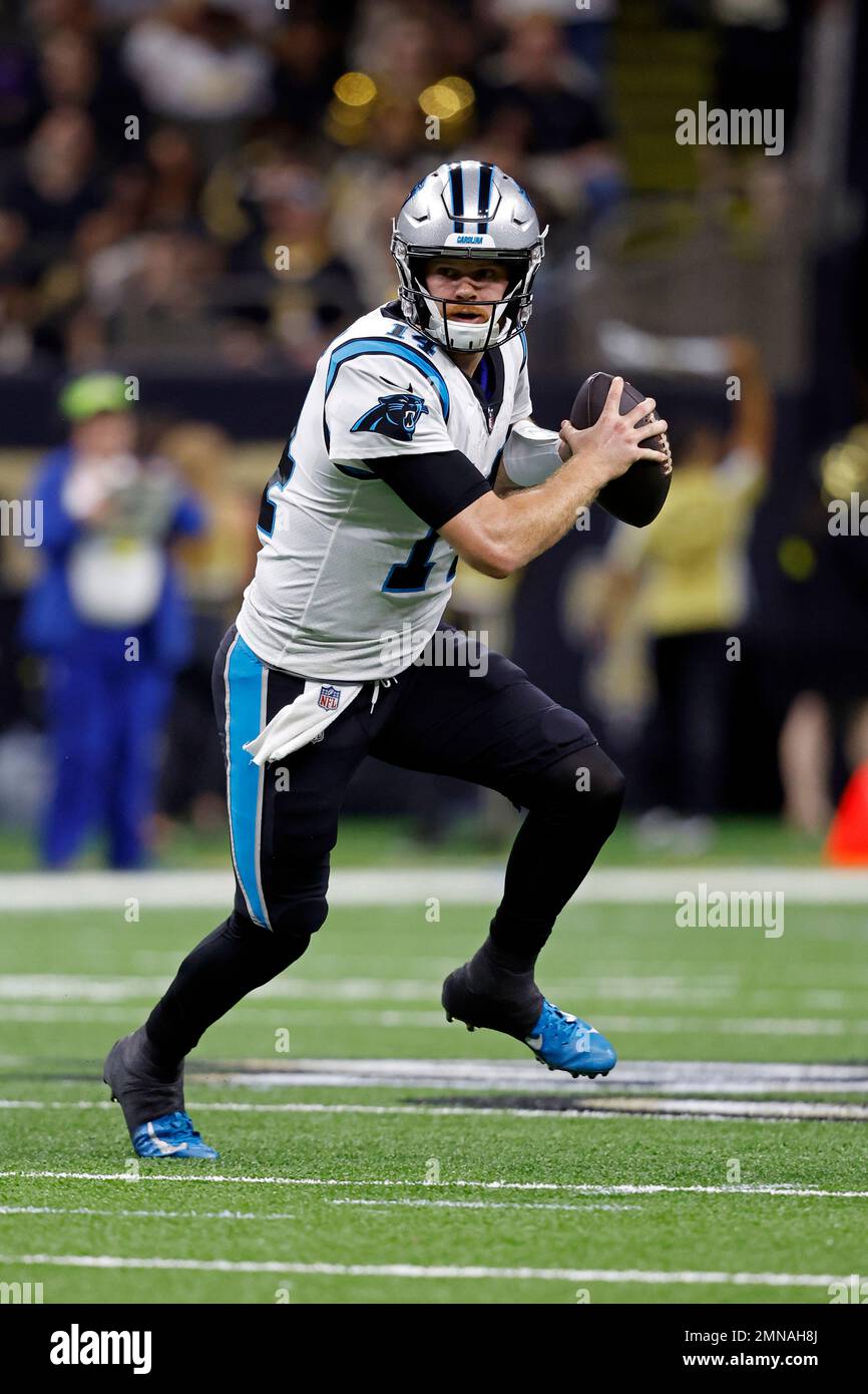 Carolina Panthers quarterback Sam Darnold (14) during an NFL football game against the New Orleans Saints, Sunday, Jan. 8, 2023, in New Orleans. (AP Photo/Tyler Kaufman) Stock Photo