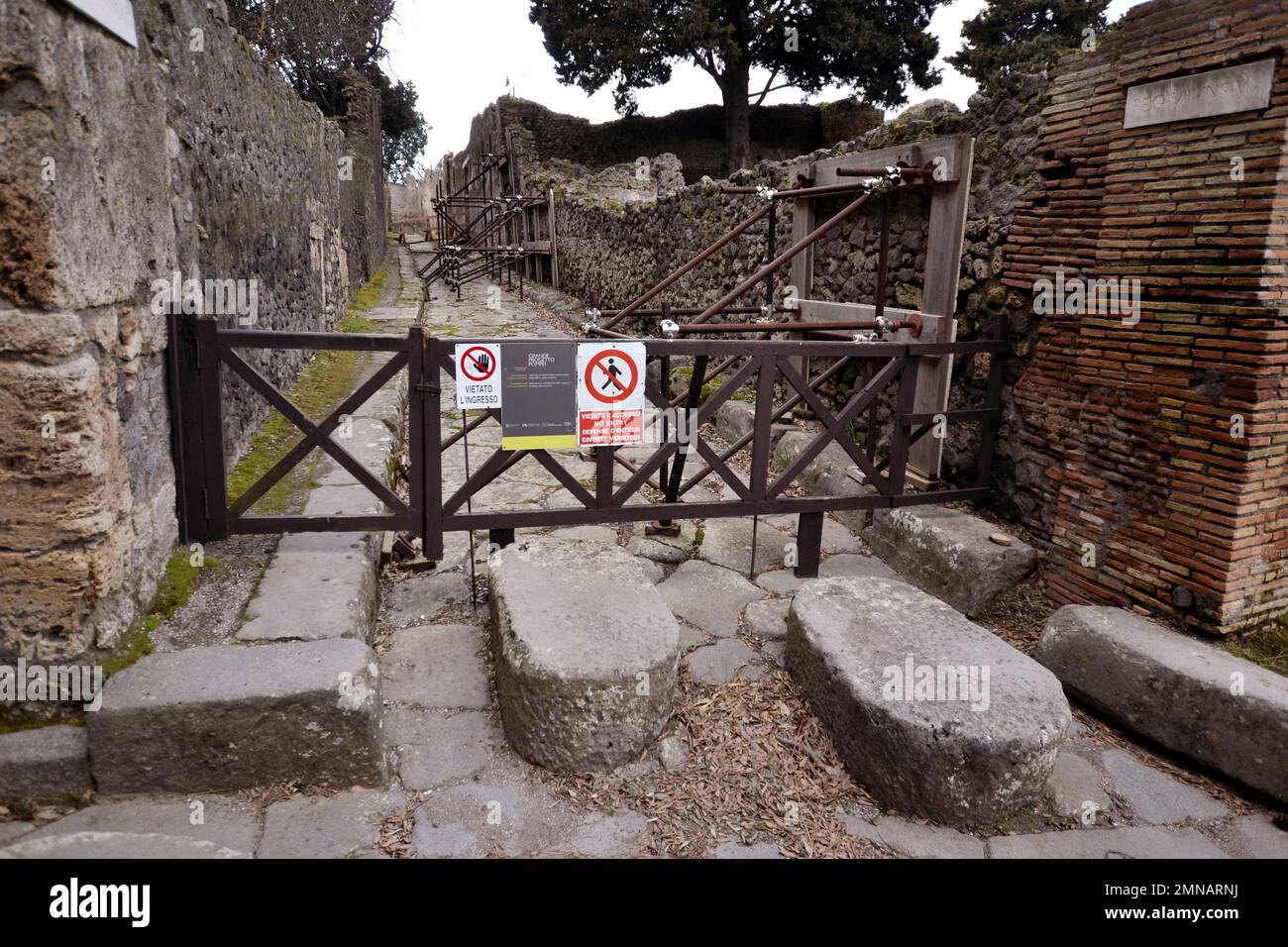 Pompeii, warning signs of work in progress and access bans Stock Photo Alamy