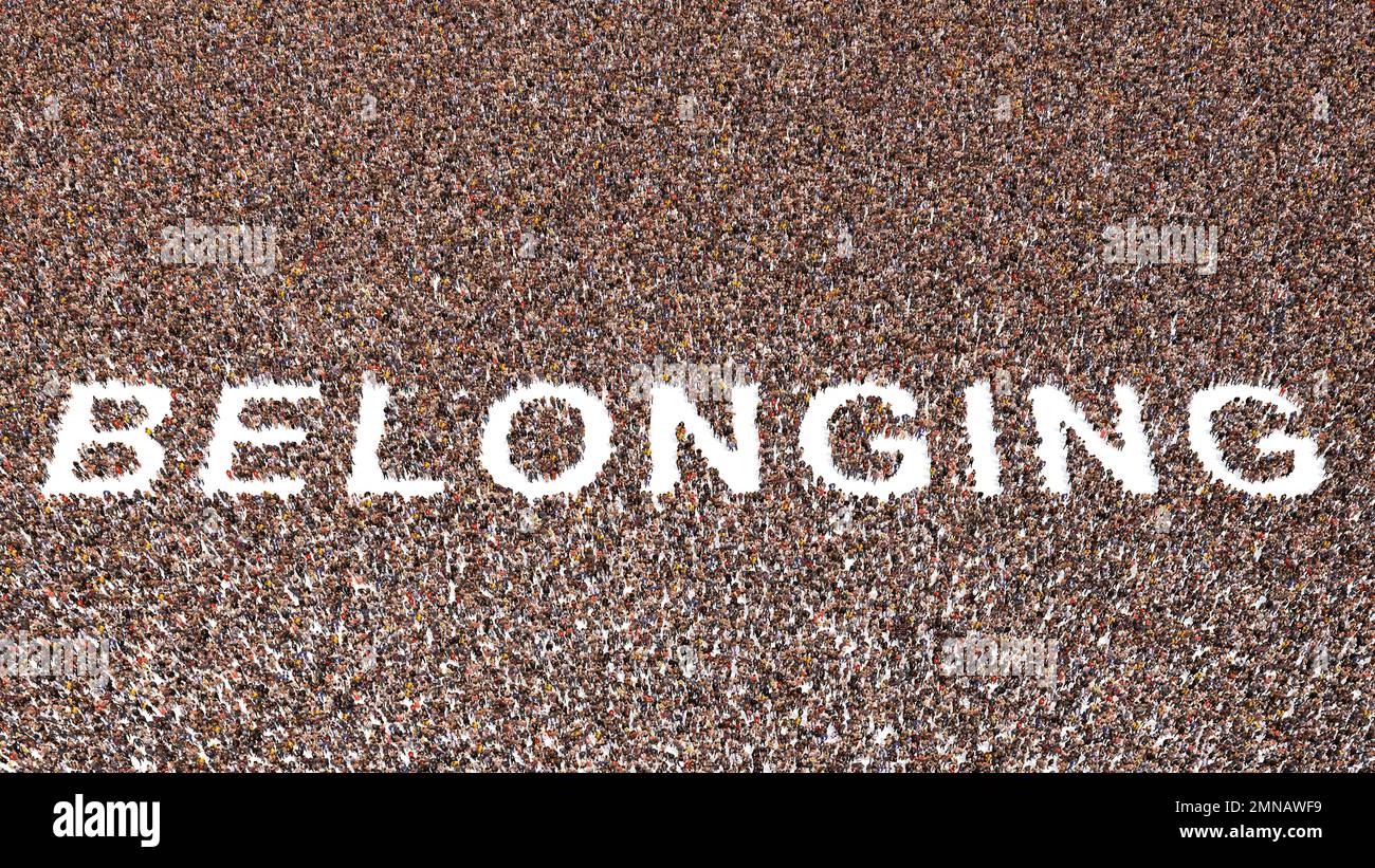 Concept conceptual large community of people forming the word BELONGING ...
