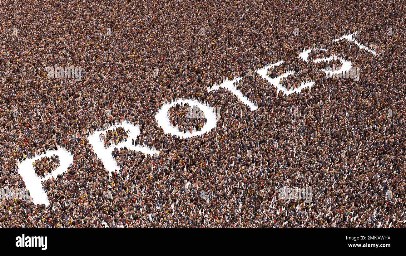 Concept conceptual large community of people forming the PROTEST word. 3d illustration metaphor for demonstration, activism, democracy, equality, free Stock Photo