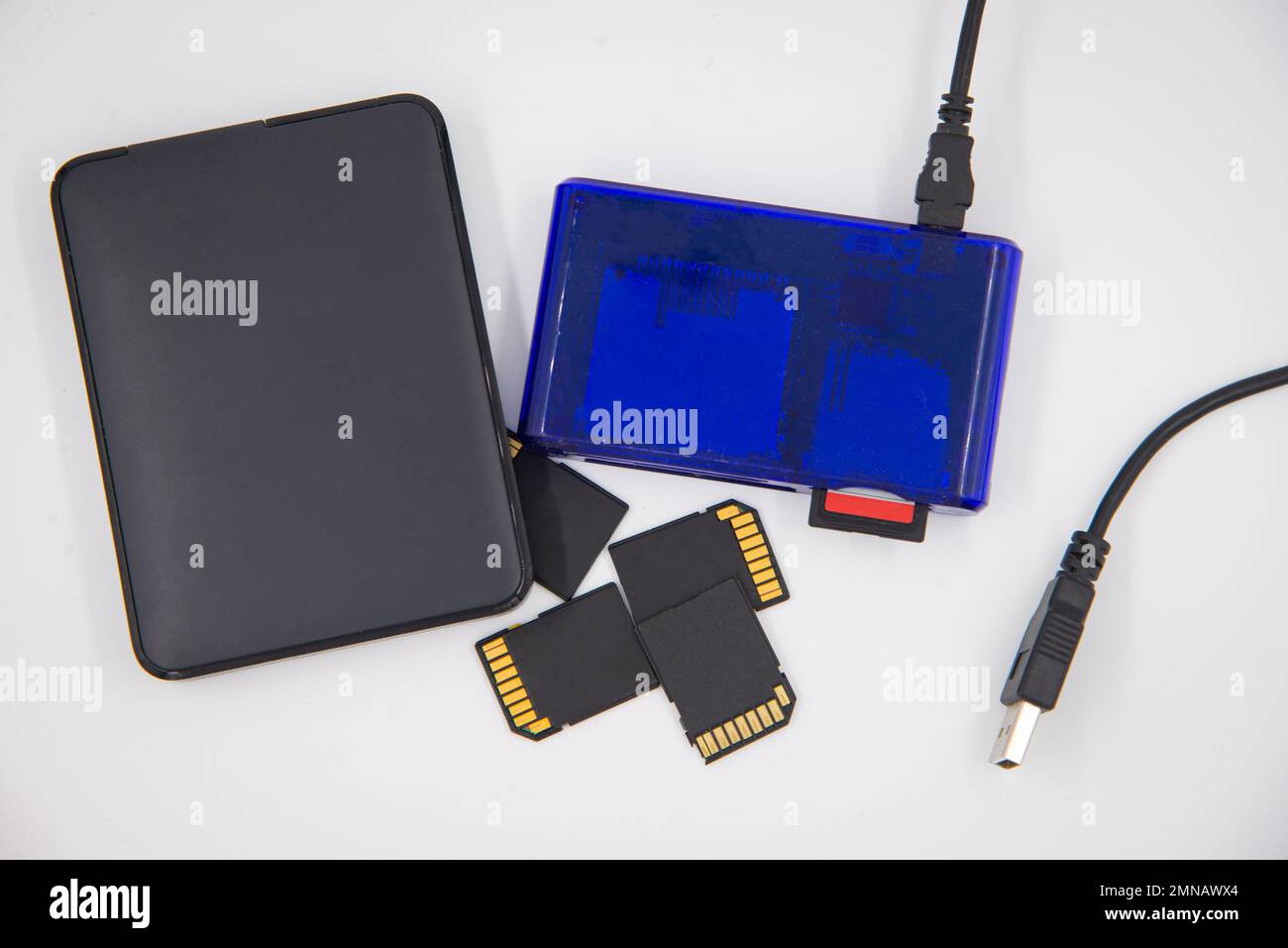 Black memory cards and external hard drive with blue card reader and