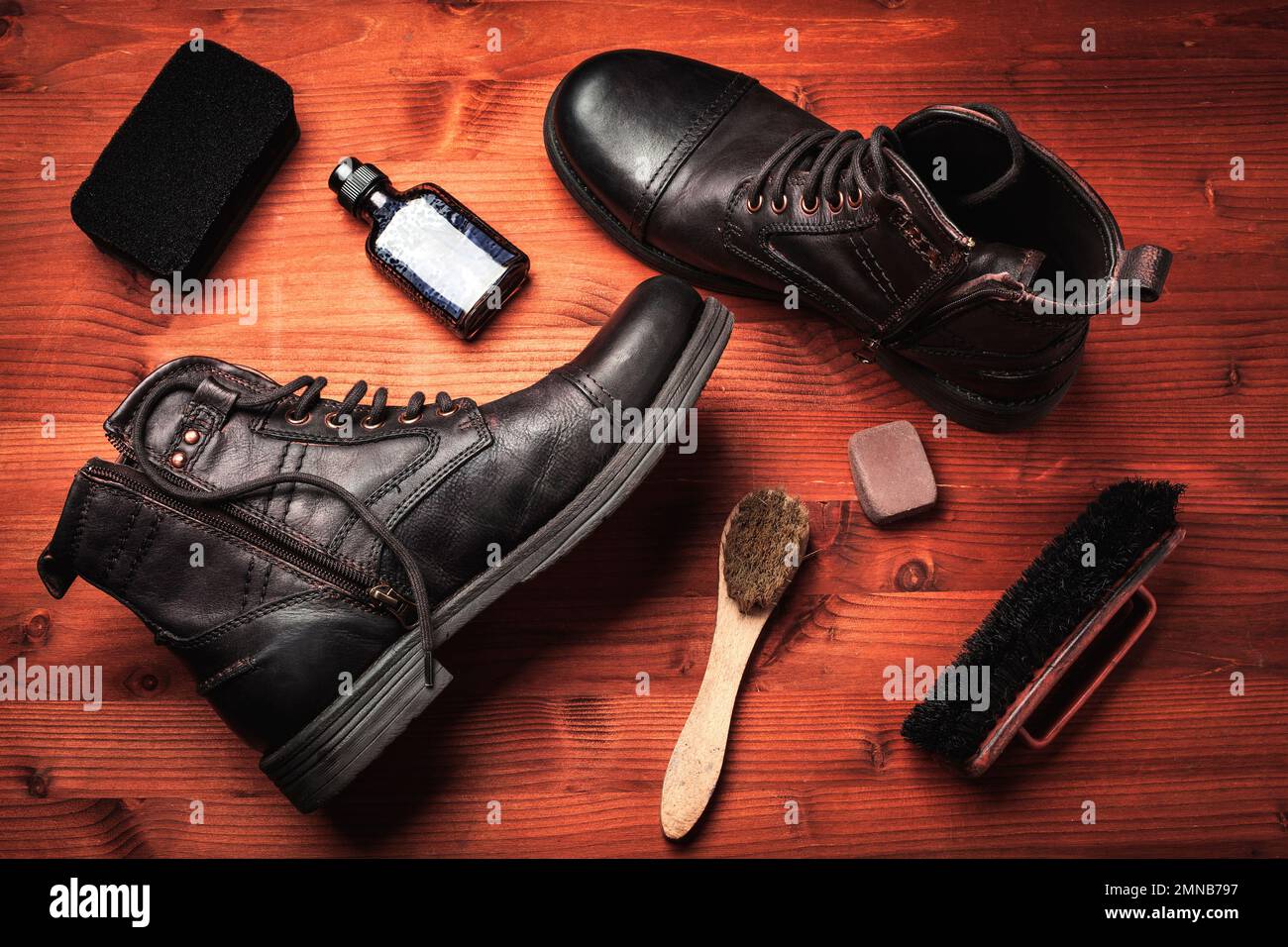 Concept of care and cleaning of vintage leather boots with wax, cream