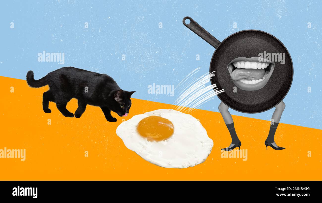 Contemporary art collage. Creative design. Morning, breakfast. Frying pan dancing on human legs