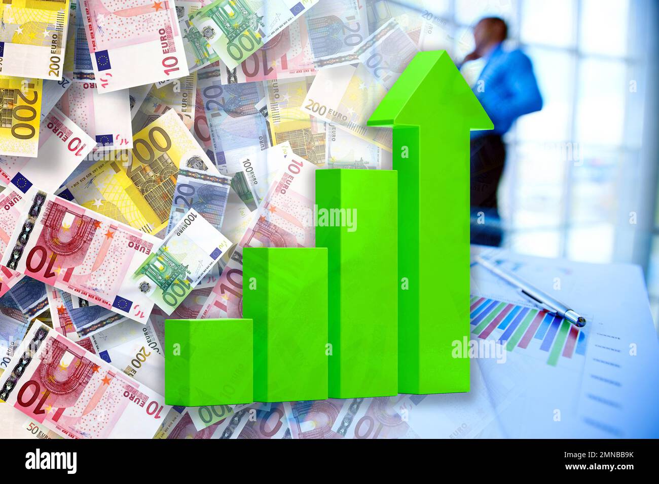 Economy chart: up arrow, cash euro bills and executive man in ...