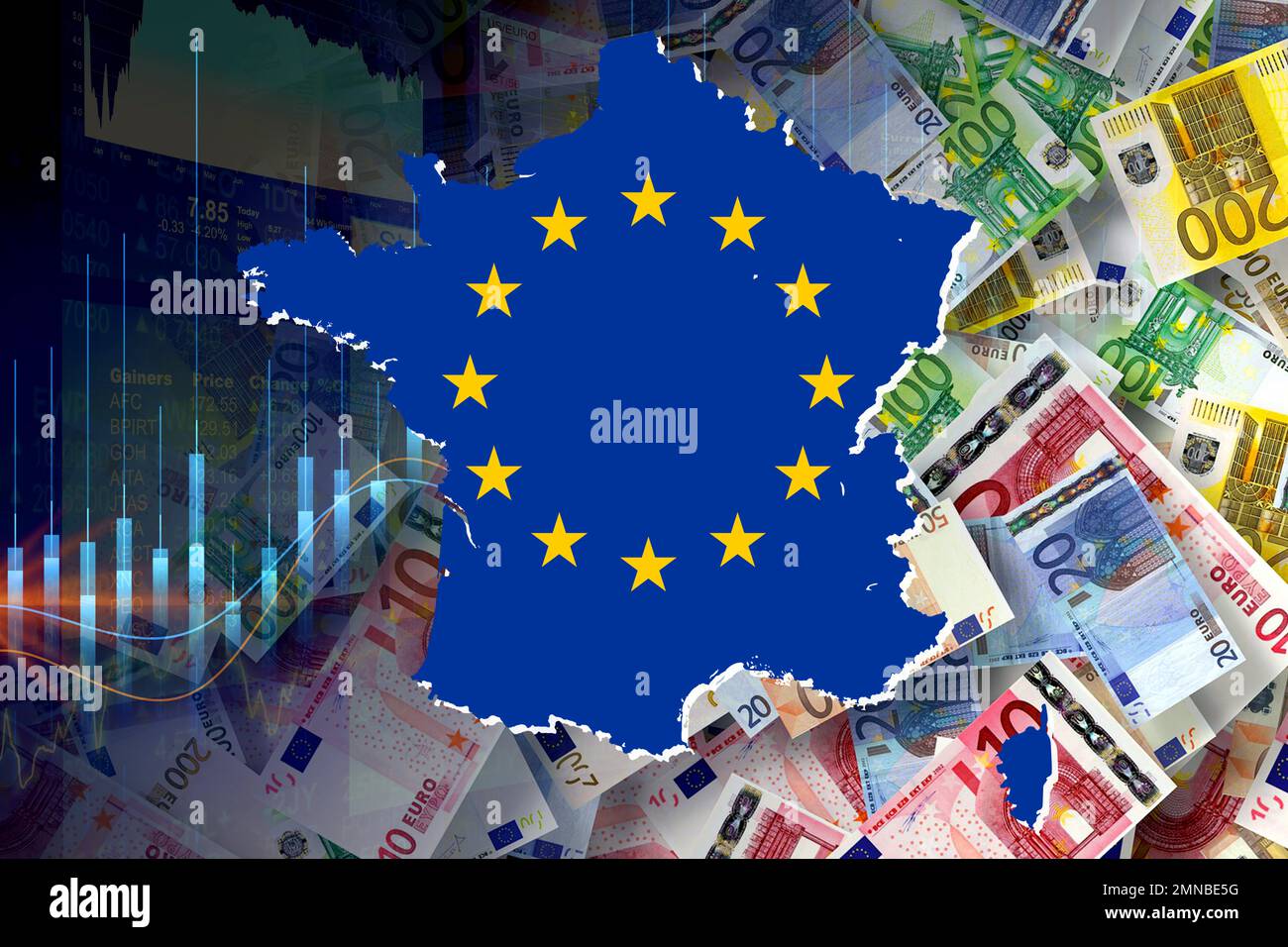 France, European Community flag, cash euro bills and stock market