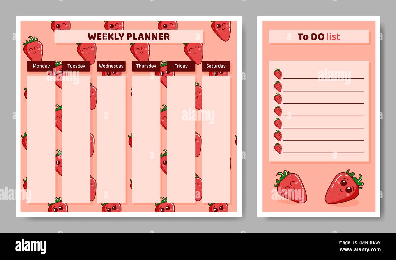 Weekly planner and To Do list for kids with strawberries. Stock Vector