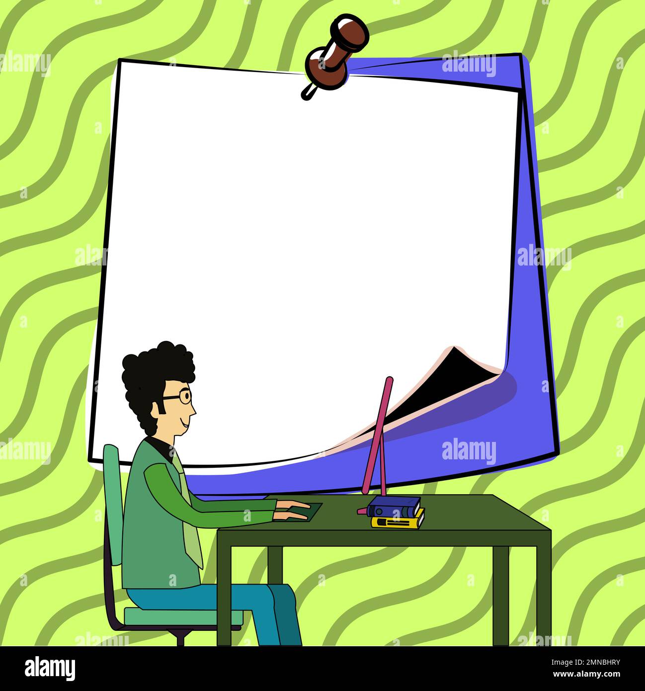 Man In Office Sitting at the table near computer. Big white sticker over his head contain bussines plan, agenda, current news. Bright colored Stock Vector