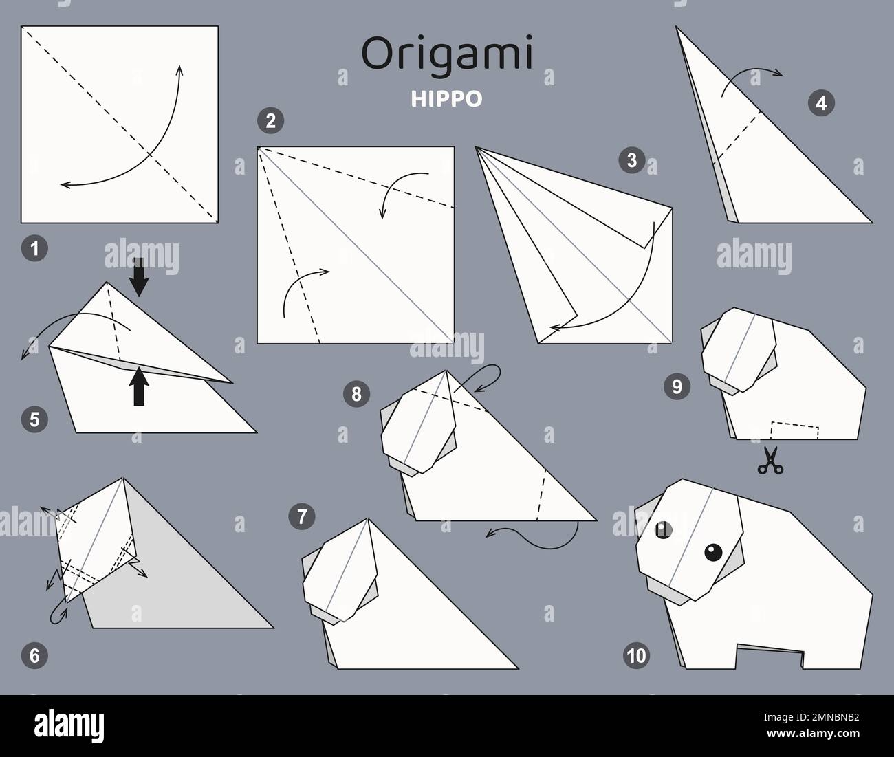 Origami tutorial. Origami scheme Hippo for kids . Stock Vector