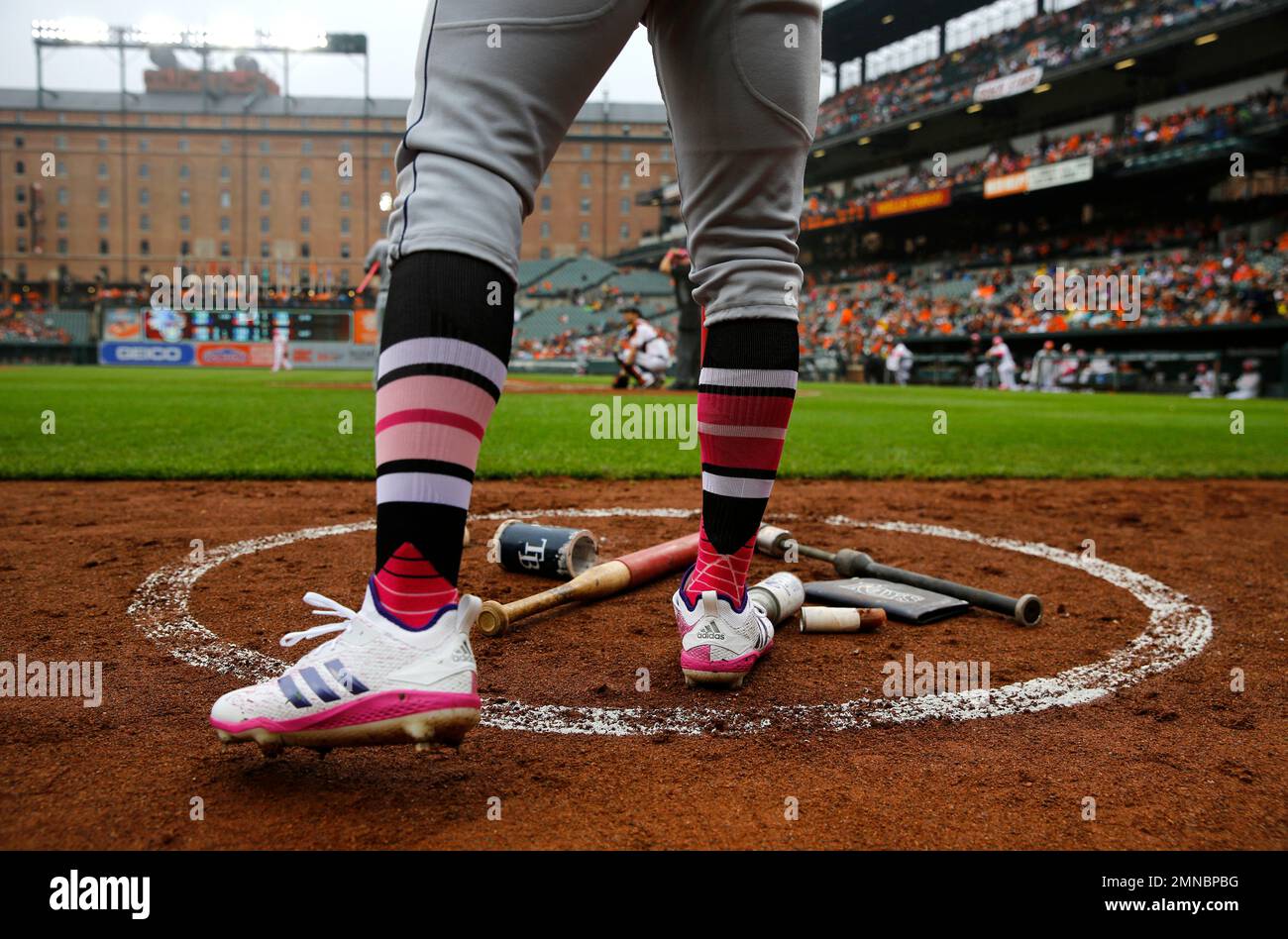 Tampa Bay Rays' Mallex Smith wears pink accessories to commemorate Mother's  Day as he prepares for an at-bat during a baseball game against the  Baltimore Orioles, Sunday, May 13, 2018, in Baltimore. (